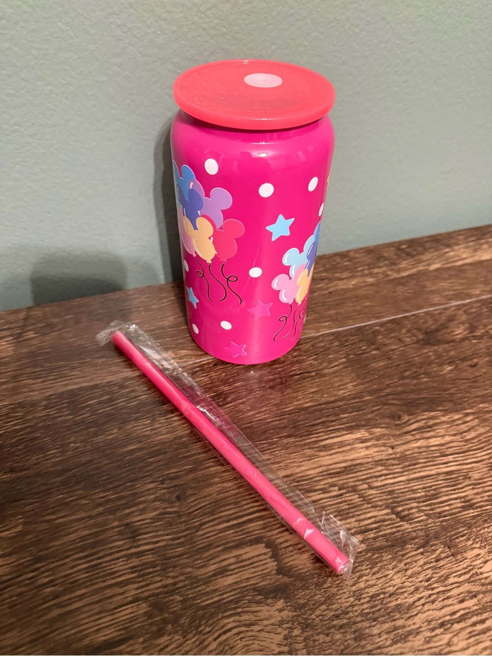 Disney Pink Balloon Print SS Can Tumbler with Lid and Straw